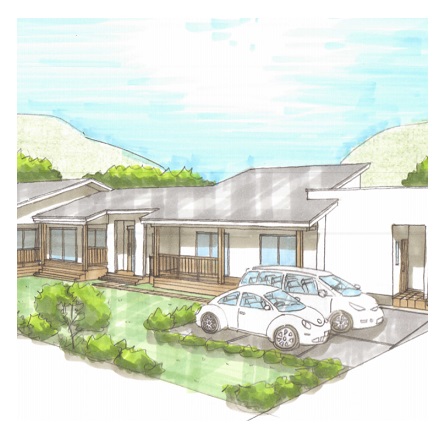 ウッドデッキでつながった平屋二棟建ての家