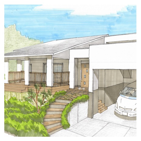 敷地の段差を利用したカルバート車庫のある家